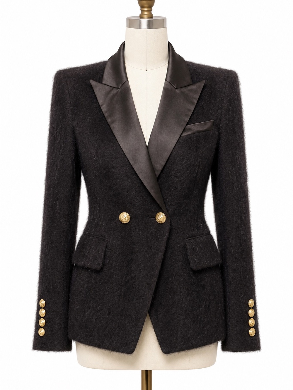 Balmain Black Mohair Double-Breasted Blazer with Satin Lapels